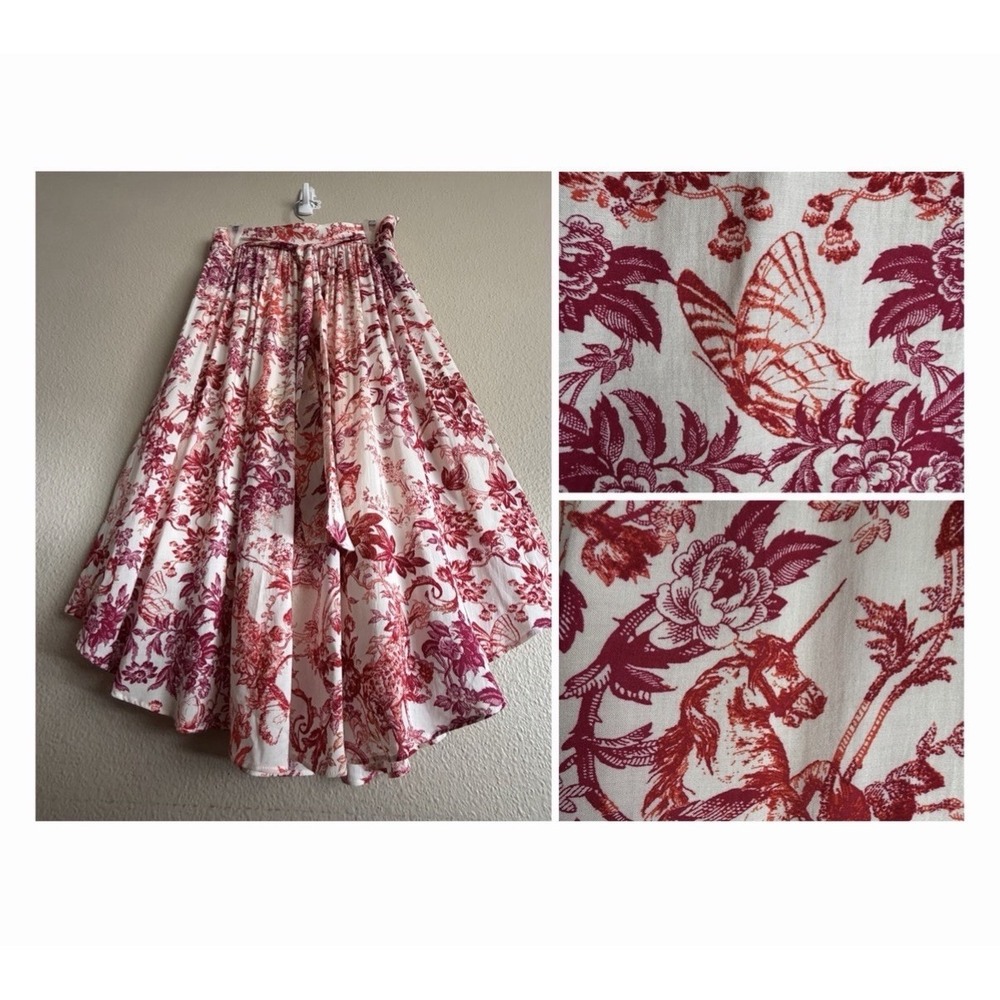 Maeve Anthropologie M Red Toile Floral Gathered Rayon Midi Full Skirt Whimsical
